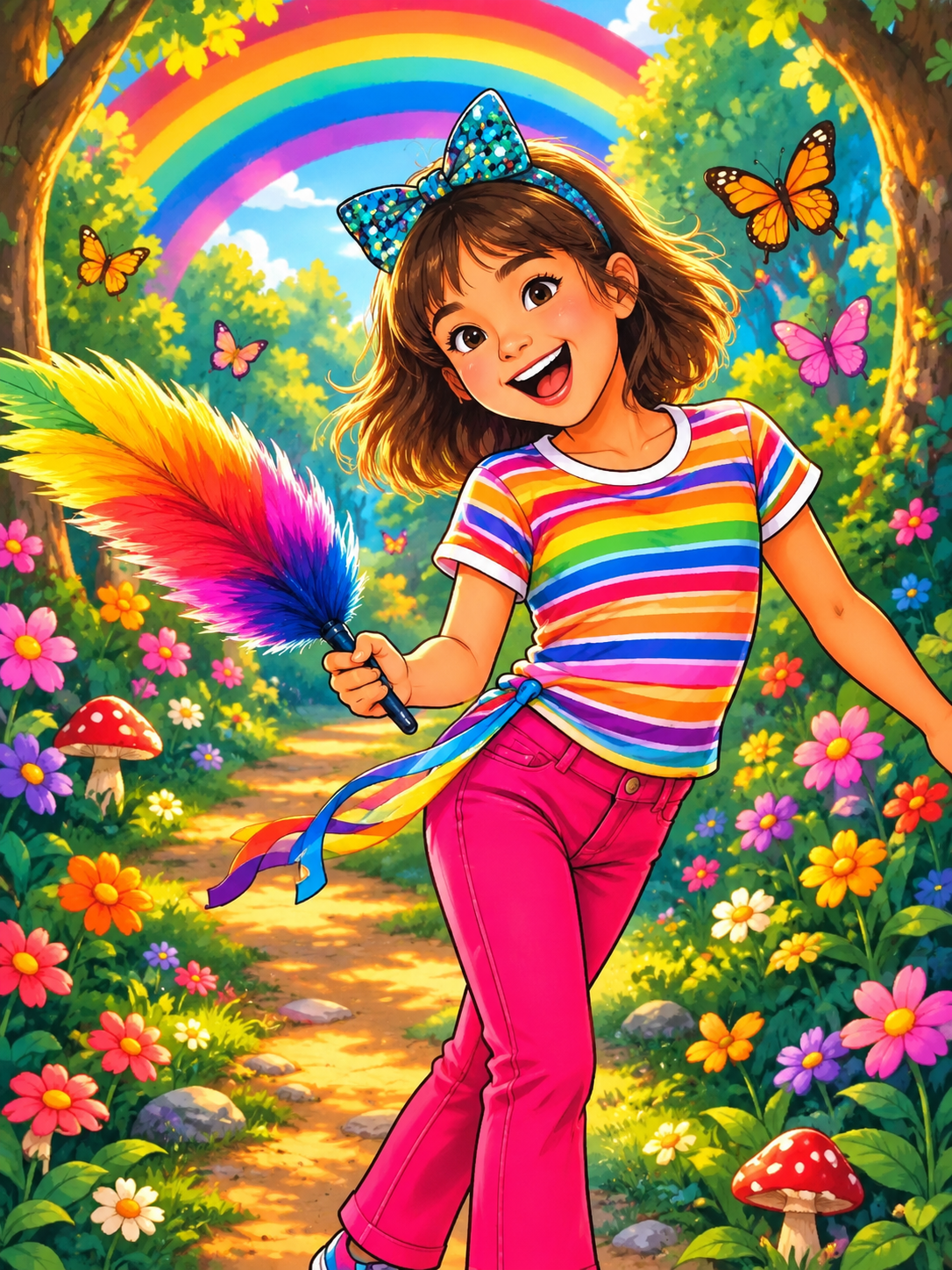 Saskia, the creator, on a rainbow forest path with a sparkly bow and a rainbow plume