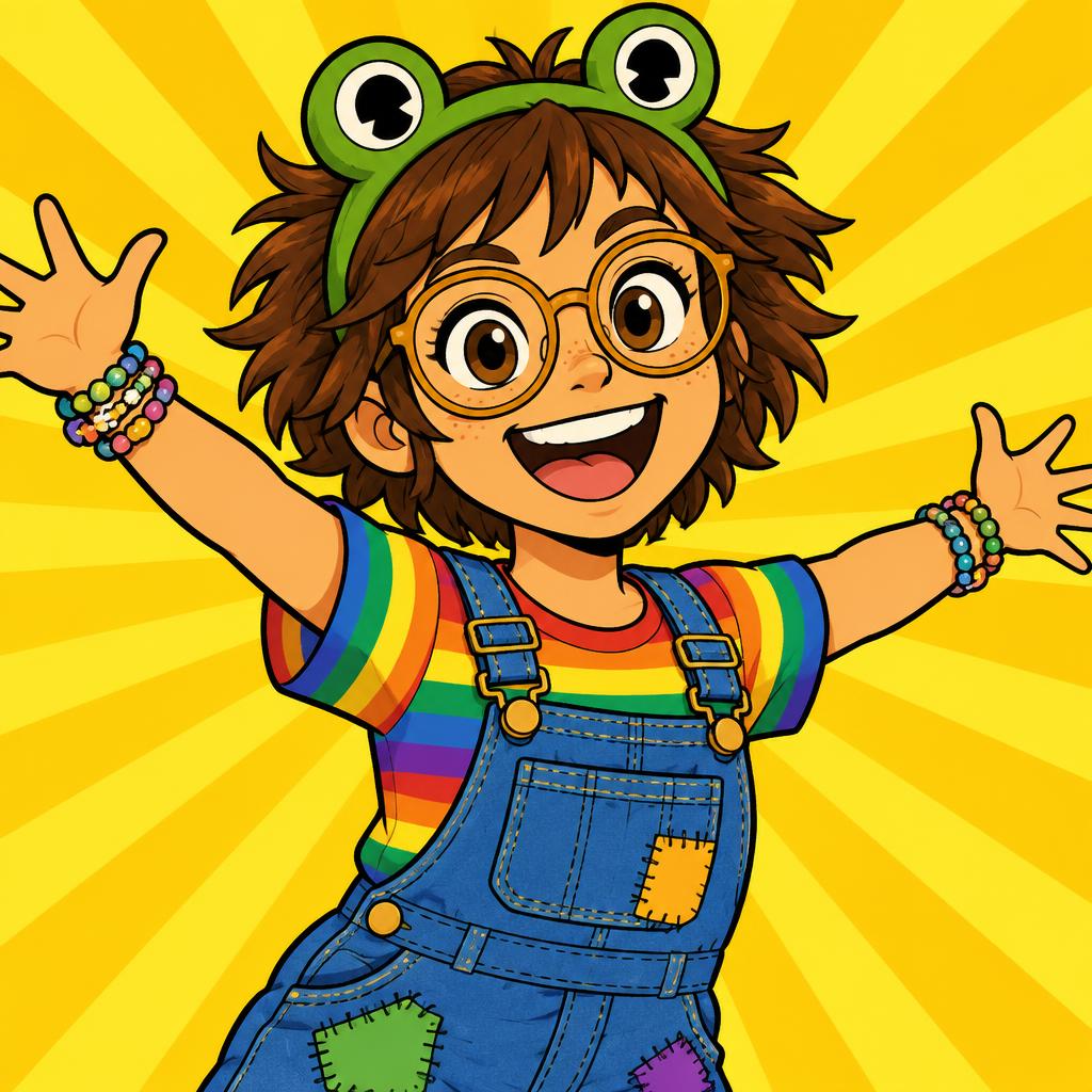 Azalea, an eleven-year-old girl in a frog-ear headband, amber glasses and rainbow overalls, arms thrown wide