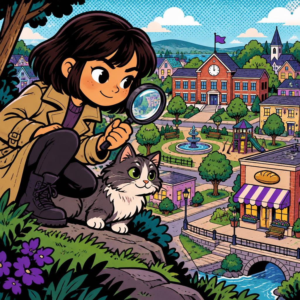 A kid detective with a dark bob haircut and a magnifying glass, crouching with her cat above a colorful little town